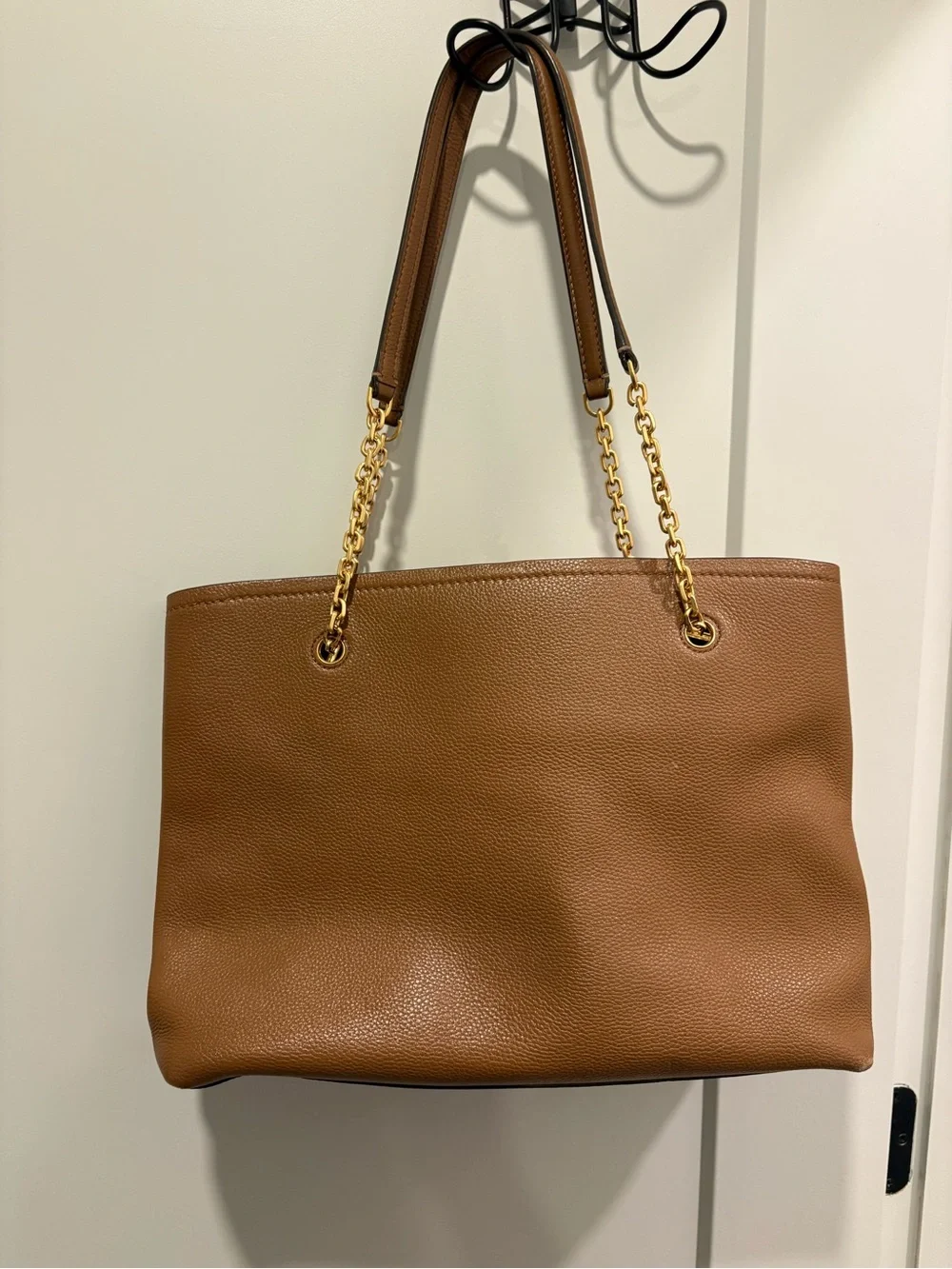 Tory Burch Tan Pebbled Leather Tote with Gold Chain Straps